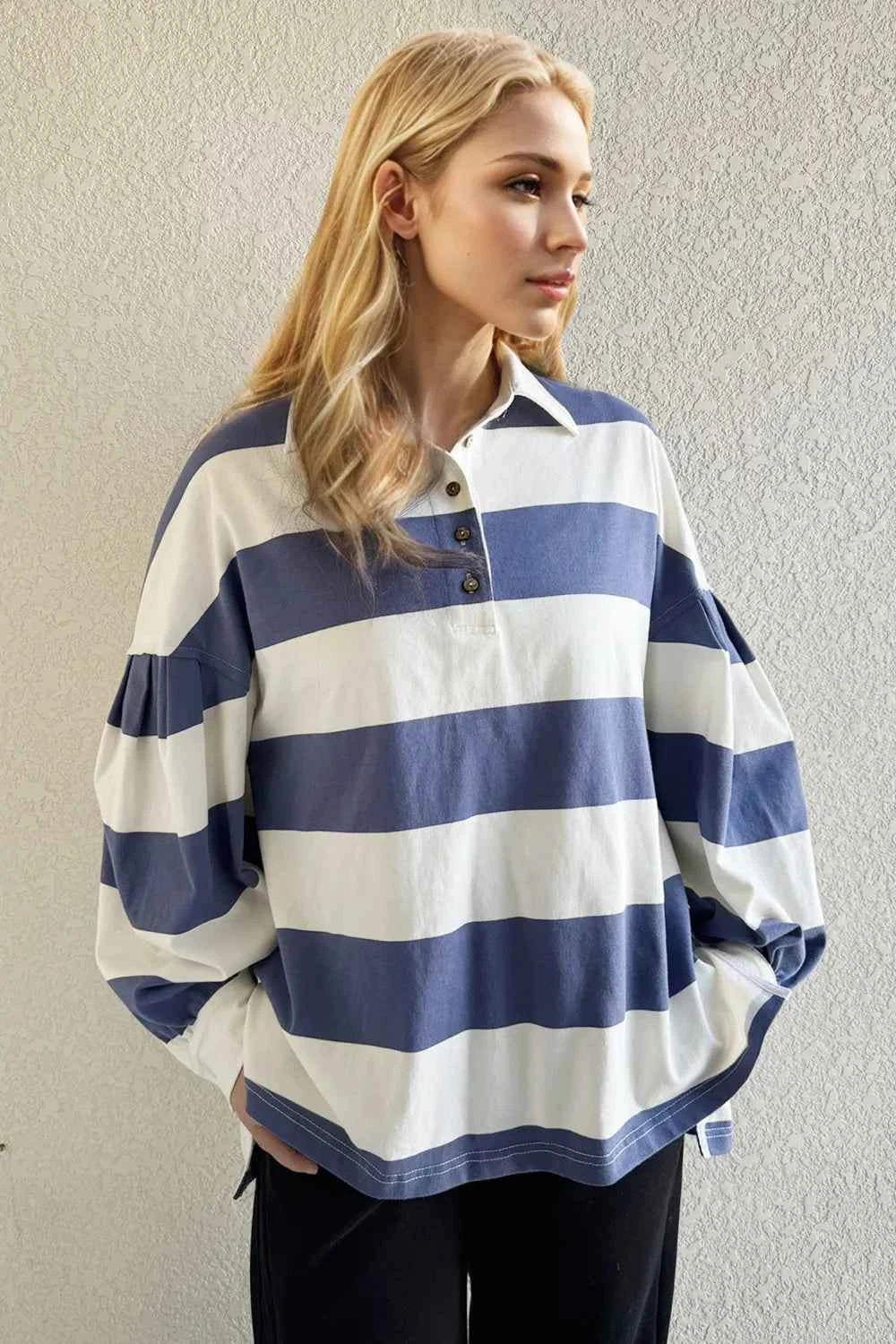 Oh Pima Cotton Wash Wide Striped Collared Neck Long Sleeve Top by Wild and Free Boutique