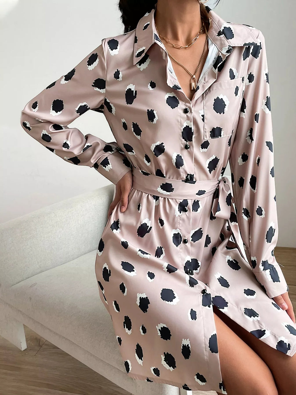 Printed Long Sleeve Mini Shirt Dress by Simply Love