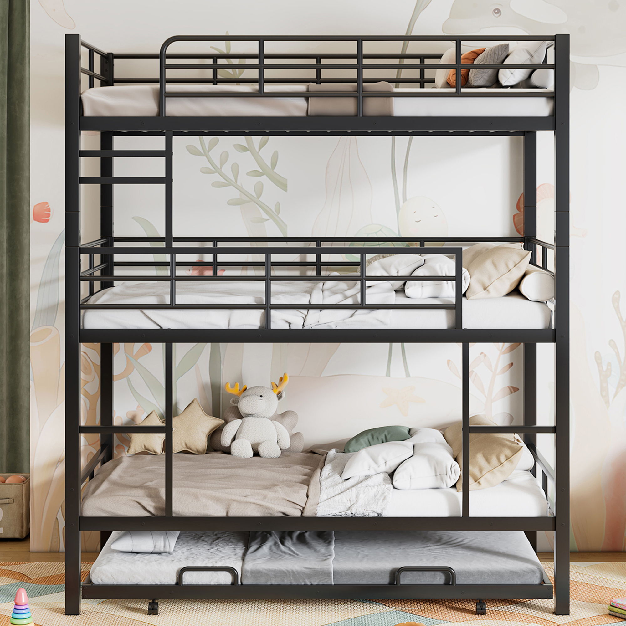 Triple Bunk Bed With Trundle, Heavy Duty Steel Construction by Unique Piece Furniture