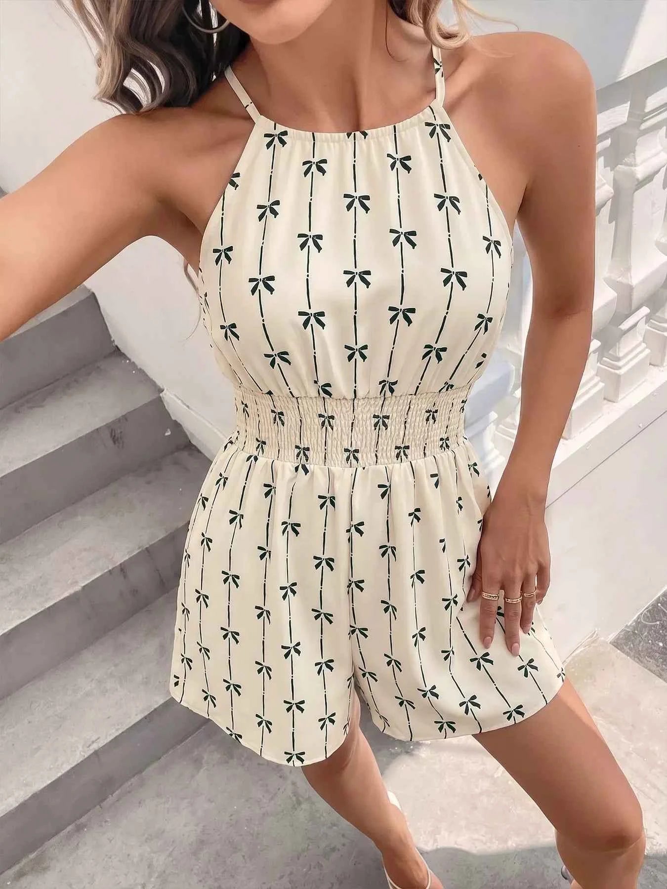 Bow Print Smocked Halter Neck Romper by Be Bliss Boutique