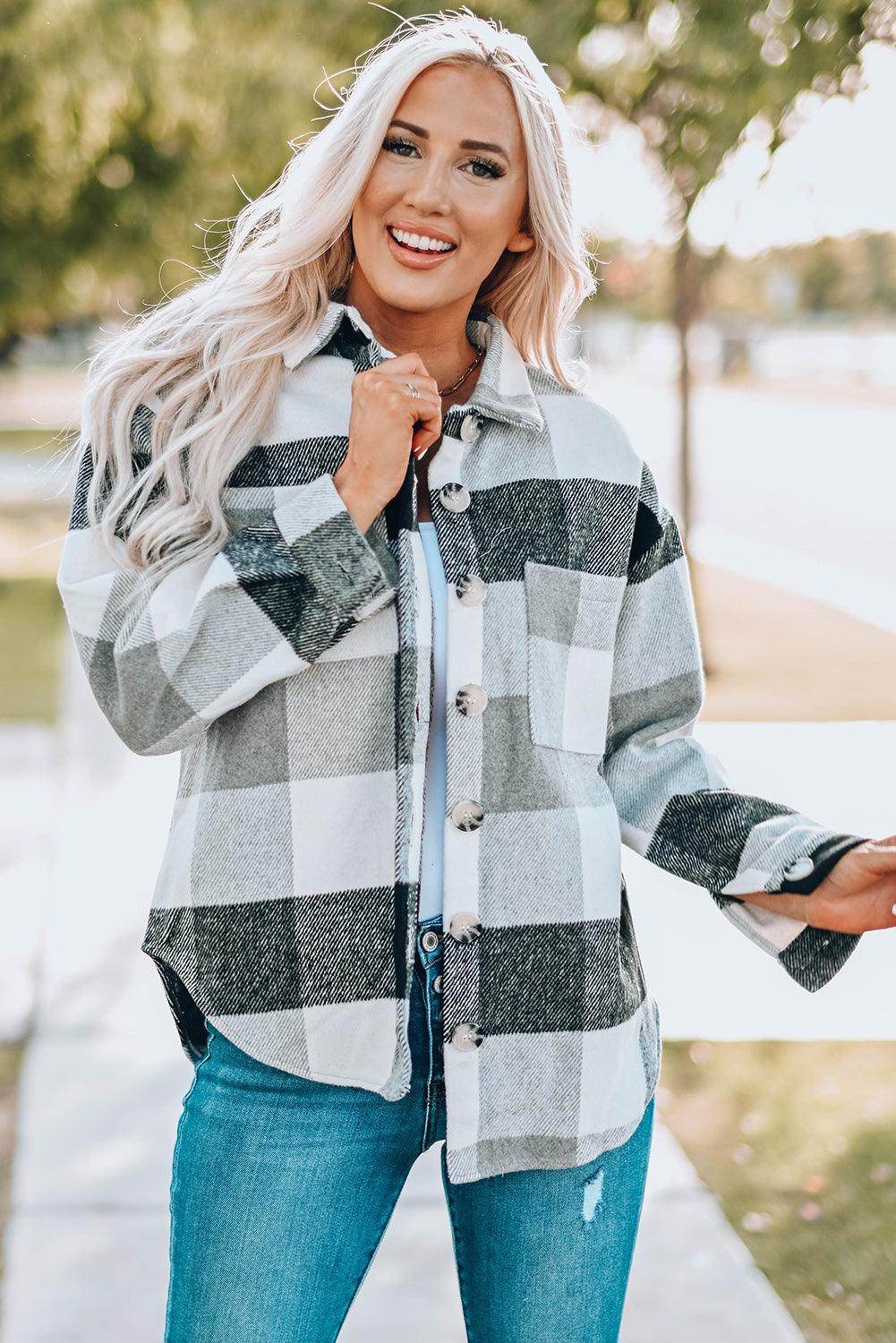 Plaid Button Up Dropped Shoulder Jacket for Women Stylish by Selvanelle