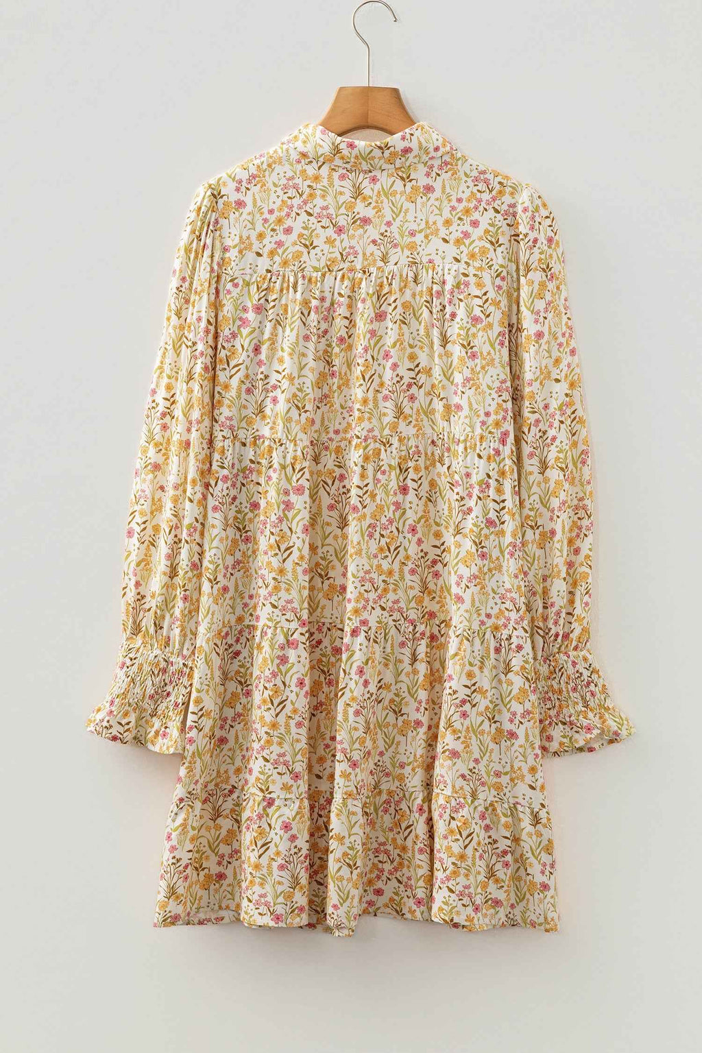 Yellow Floral Print Frilly Trim Smocked Cuff Long Sleeve Loose Shirt Dress by Wild and Free Boutique
