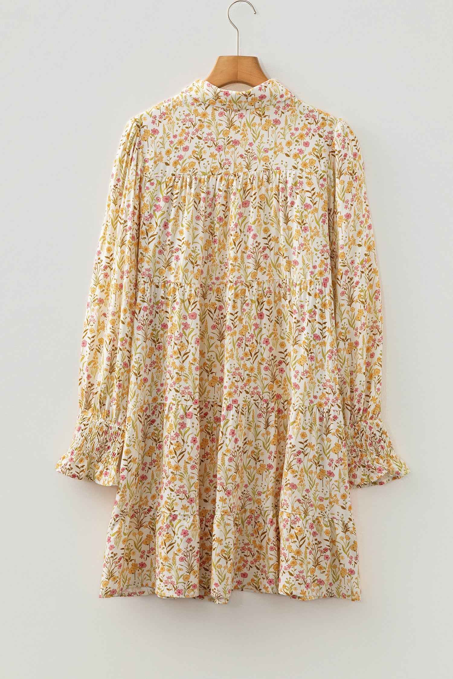 Yellow Floral Print Frilly Trim Smocked Cuff Long Sleeve Loose Shirt Dress by Wild and Free Boutique