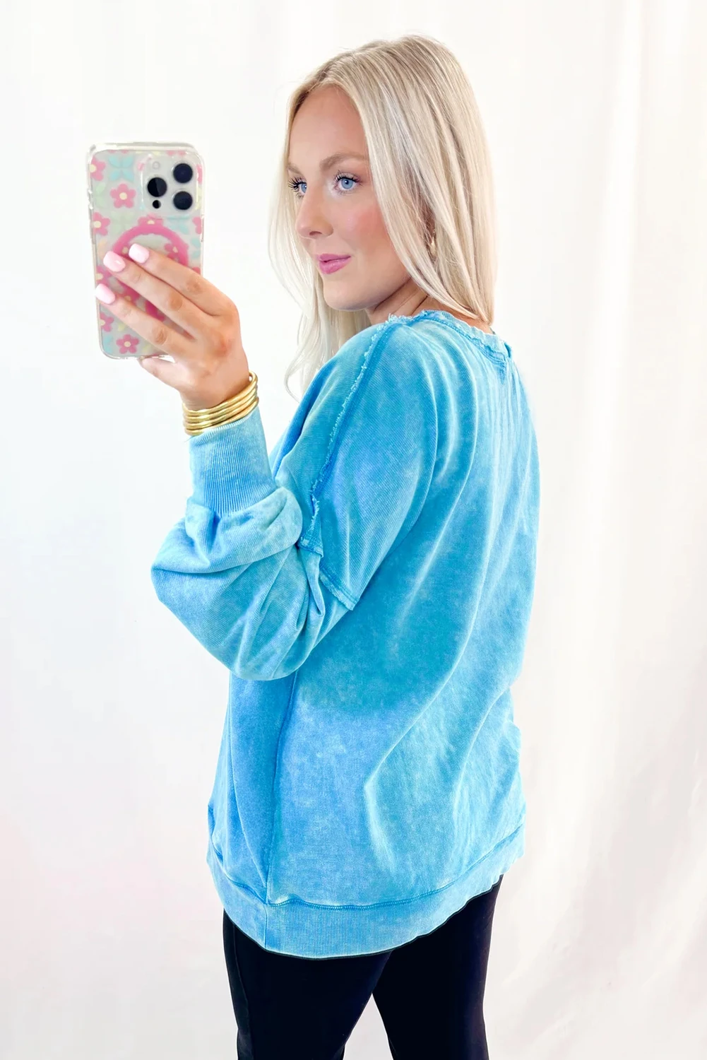 Blue Mineral Wash Raw Seam Double Patched Pocket Pullover Sweatshirt by Wild and Free Boutique