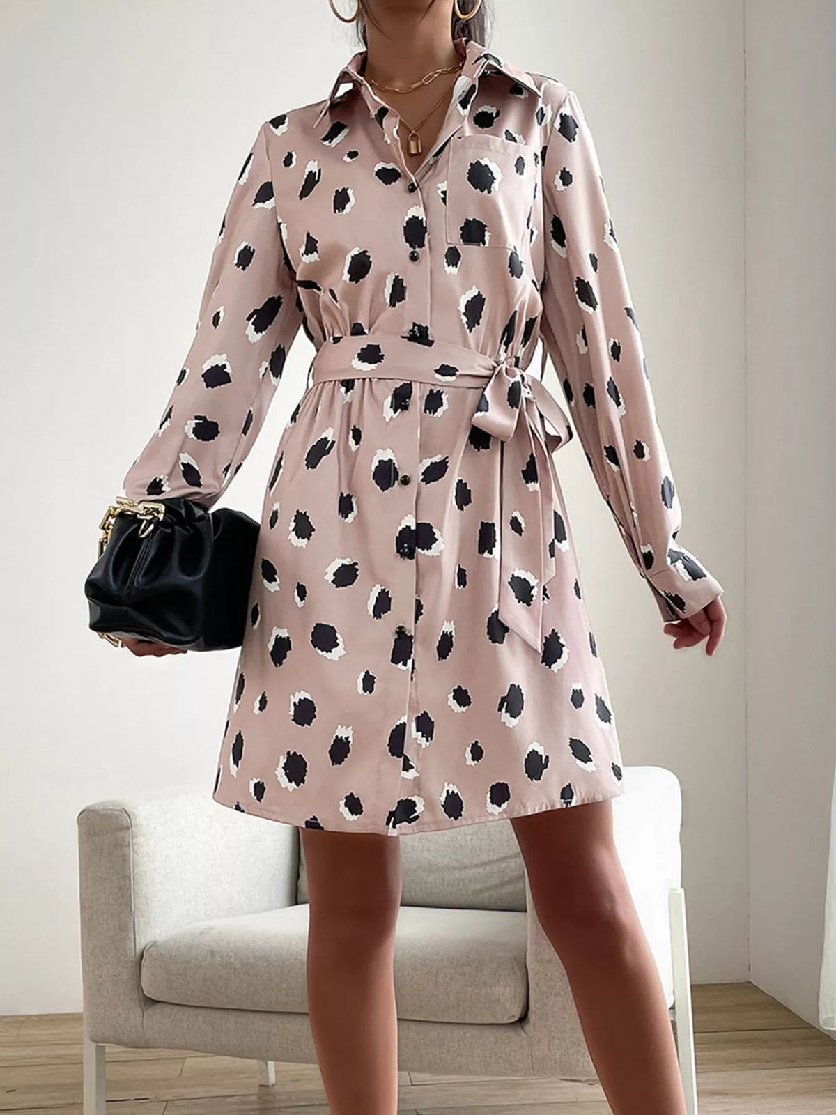 Printed Long Sleeve Mini Shirt Dress by Simply Love