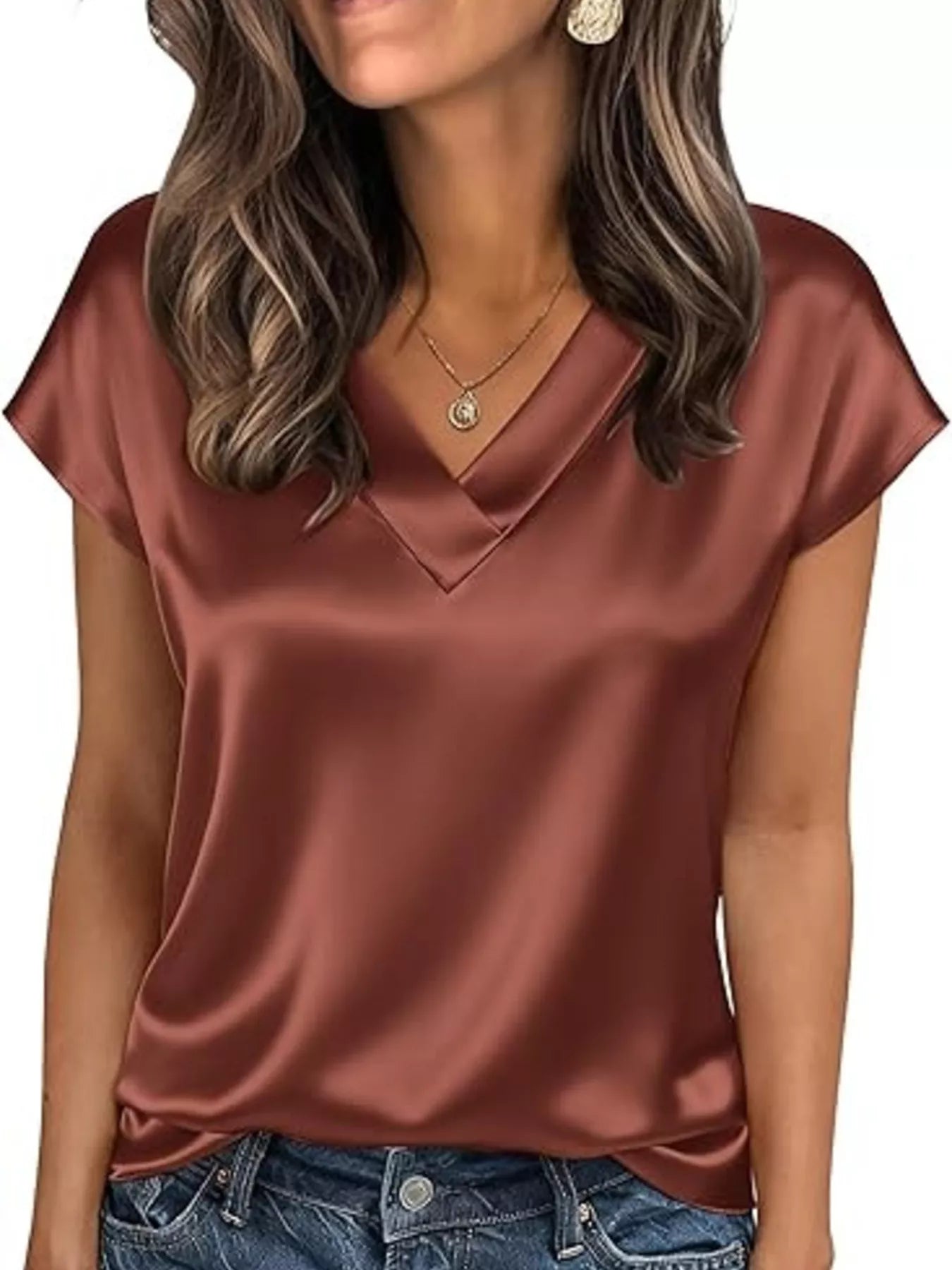 Satin V-Neck Short Sleeve Blouse by Wild and Free Boutique