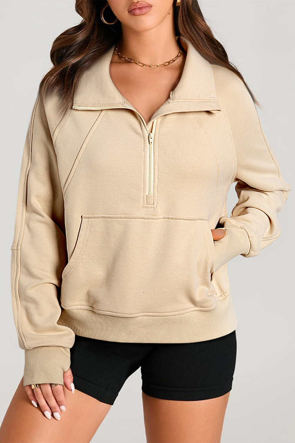 Smoke Green Quarter Zip Stand Neck Kangaroo Pocket Sweatshirt by Wild and Free Boutique