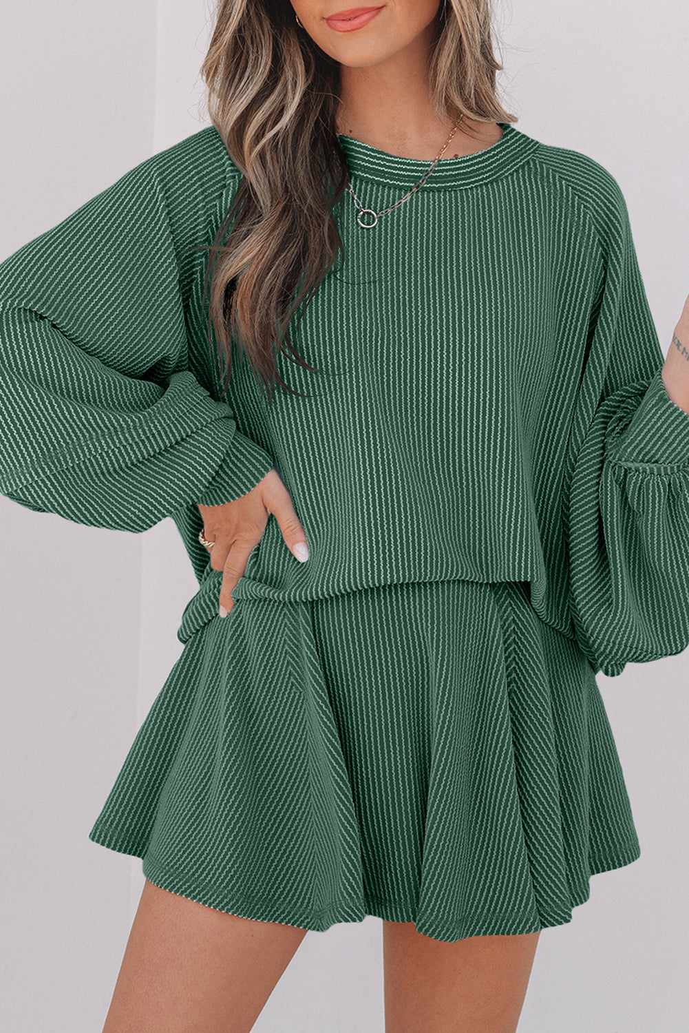 Jet Stream Corded Lantern Sleeve Top High Waist Ruffled Mini Skirt Set by Wild and Free Boutique
