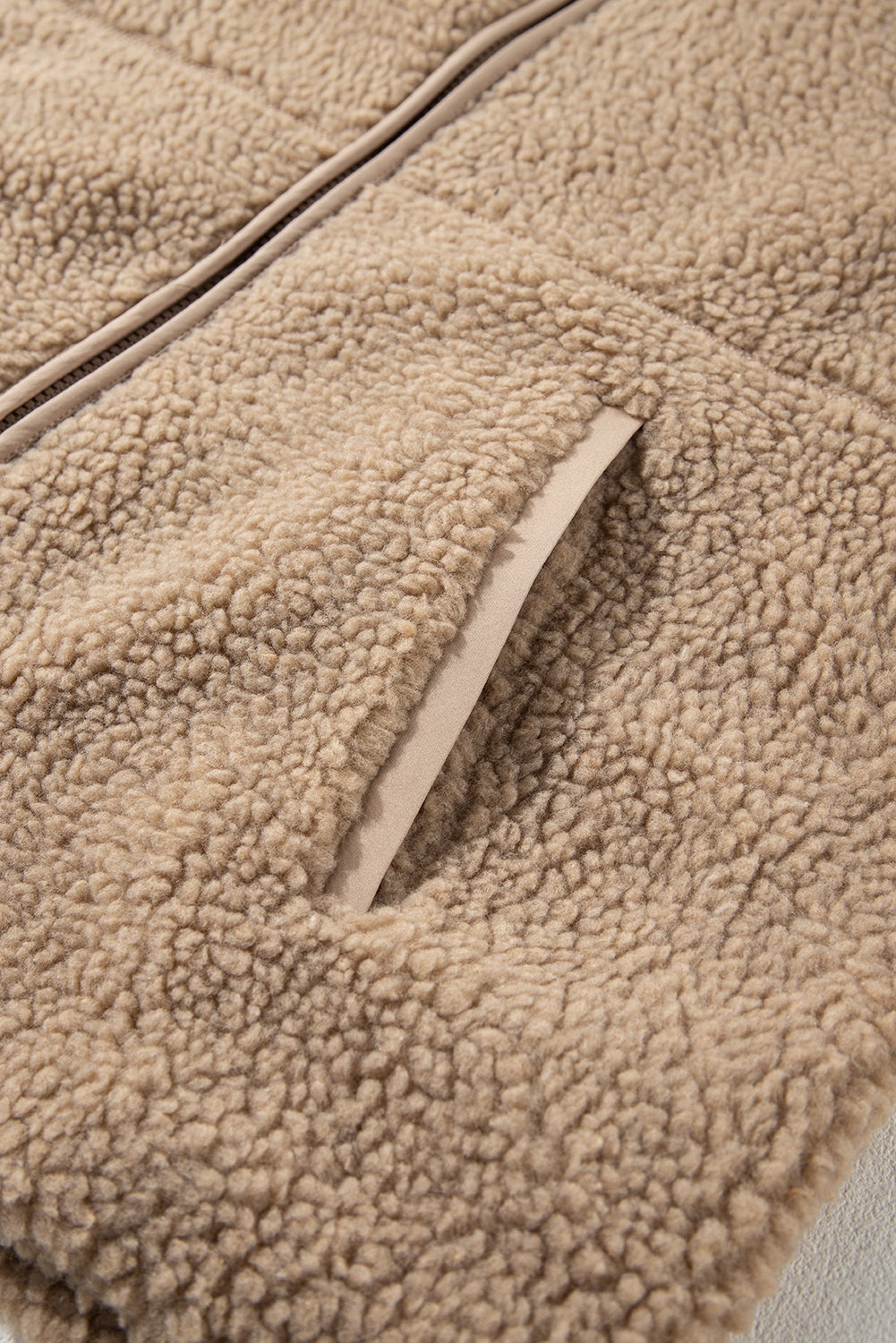 Pale Khaki Fleece Zip Up Drawstring Hooded Pocketed Jacket by Wild and Free Boutique