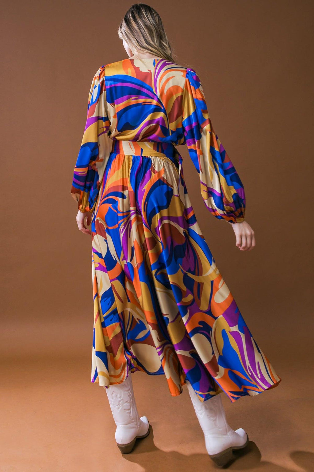 BOLD ADVENTURES WOVEN SATIN MIDI DRESS by Flying Tomato