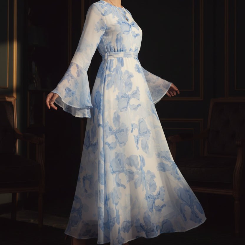 Blossom Printed Chiffon Abaya | Flared Sleeve Abaya (MA149) by Mariam's Collection