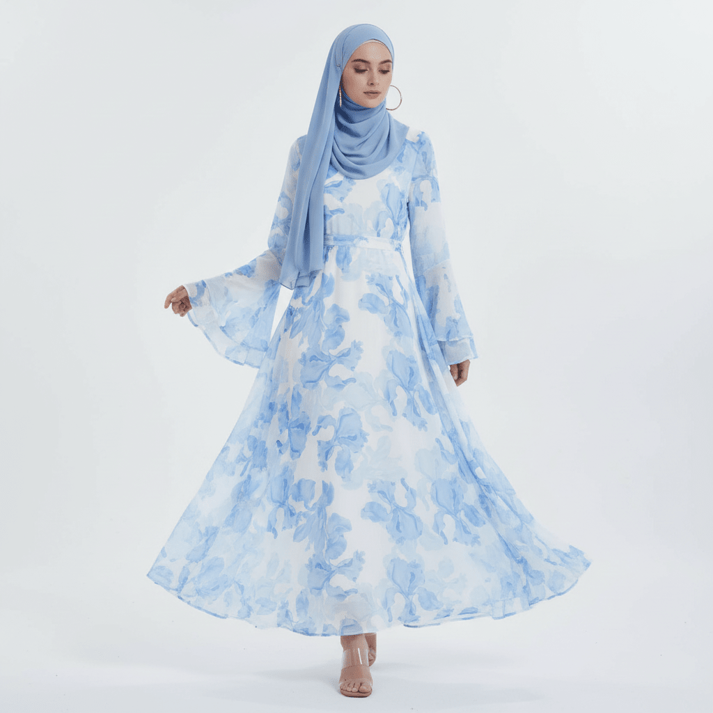 Blossom Printed Chiffon Abaya | Flared Sleeve Abaya (MA149) by Mariam's Collection