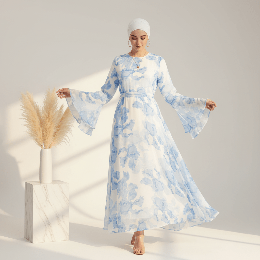 Blossom Printed Chiffon Abaya | Flared Sleeve Abaya (MA149) by Mariam's Collection