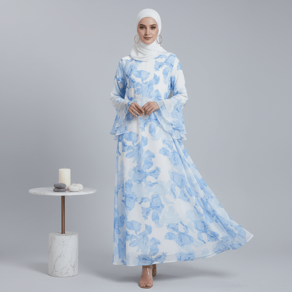Blossom Printed Chiffon Abaya | Flared Sleeve Abaya (MA149) by Mariam's Collection
