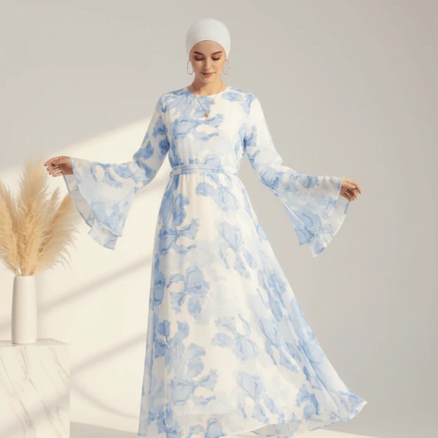 Blossom Printed Chiffon Abaya | Flared Sleeve Abaya (MA149) by Mariam's Collection