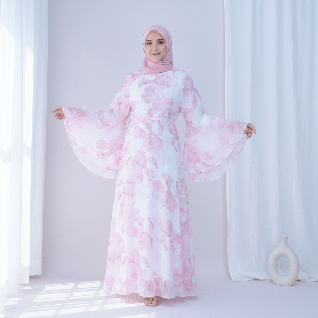 Blossom Printed Chiffon Abaya | Flared Sleeve Abaya (MA149) by Mariam's Collection