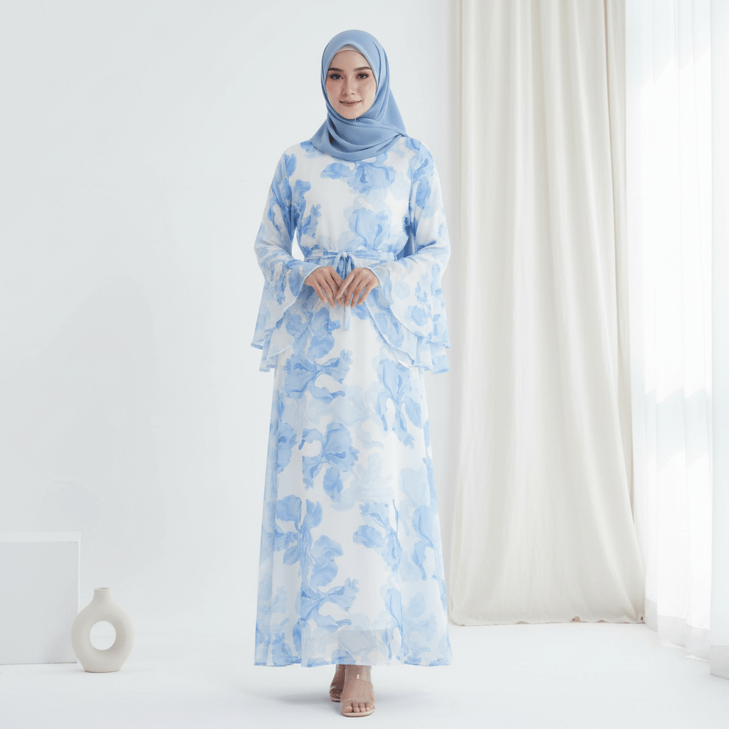 Blossom Printed Chiffon Abaya | Flared Sleeve Abaya (MA149) by Mariam's Collection