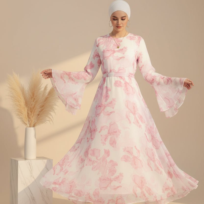 Blossom Printed Chiffon Abaya | Flared Sleeve Abaya (MA149) by Mariam's Collection