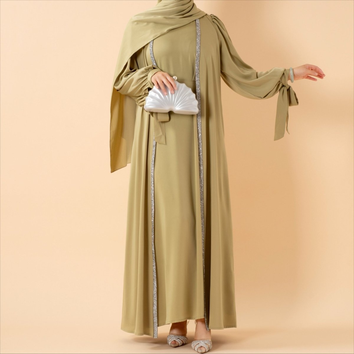 Bow Tie Sleeve Abaya Set With Long-sleeve Inner Dress (MOA026) by Mariam's Collection