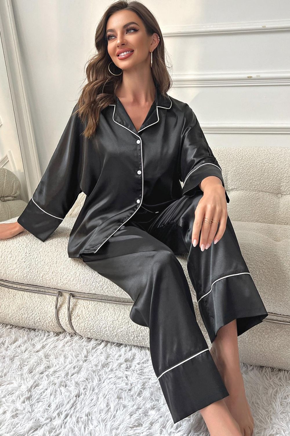 Contrast Piping Button-Up Top and Pants Pajama Set by Wild and Free Boutique