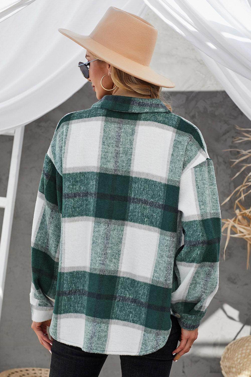 Plaid Button Up Dropped Shoulder Jacket for Women Stylish by Selvanelle