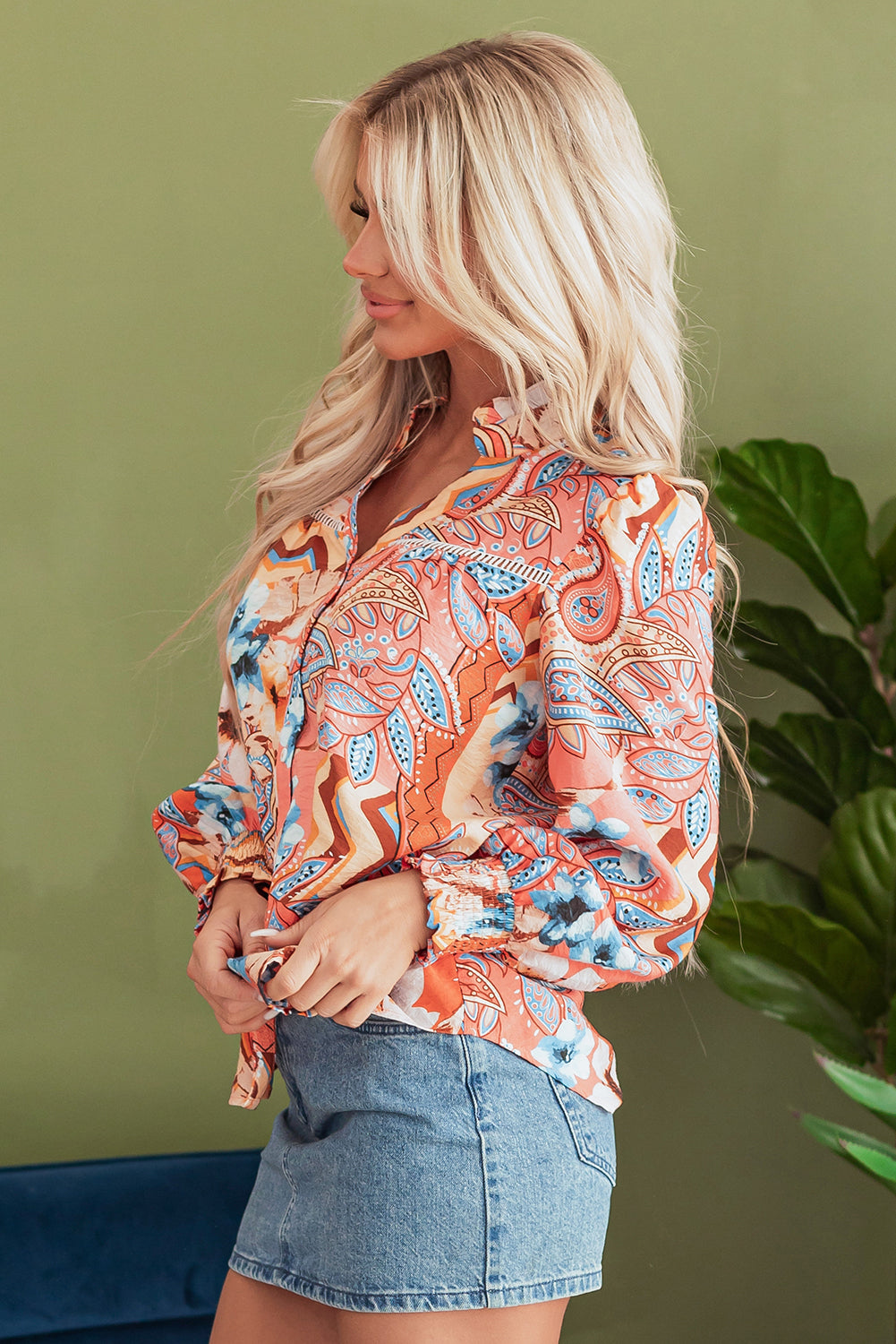 Orange Floral Print Shirred Cuff Buttoned Loose Shirt by Dear-Lover Dropshipping