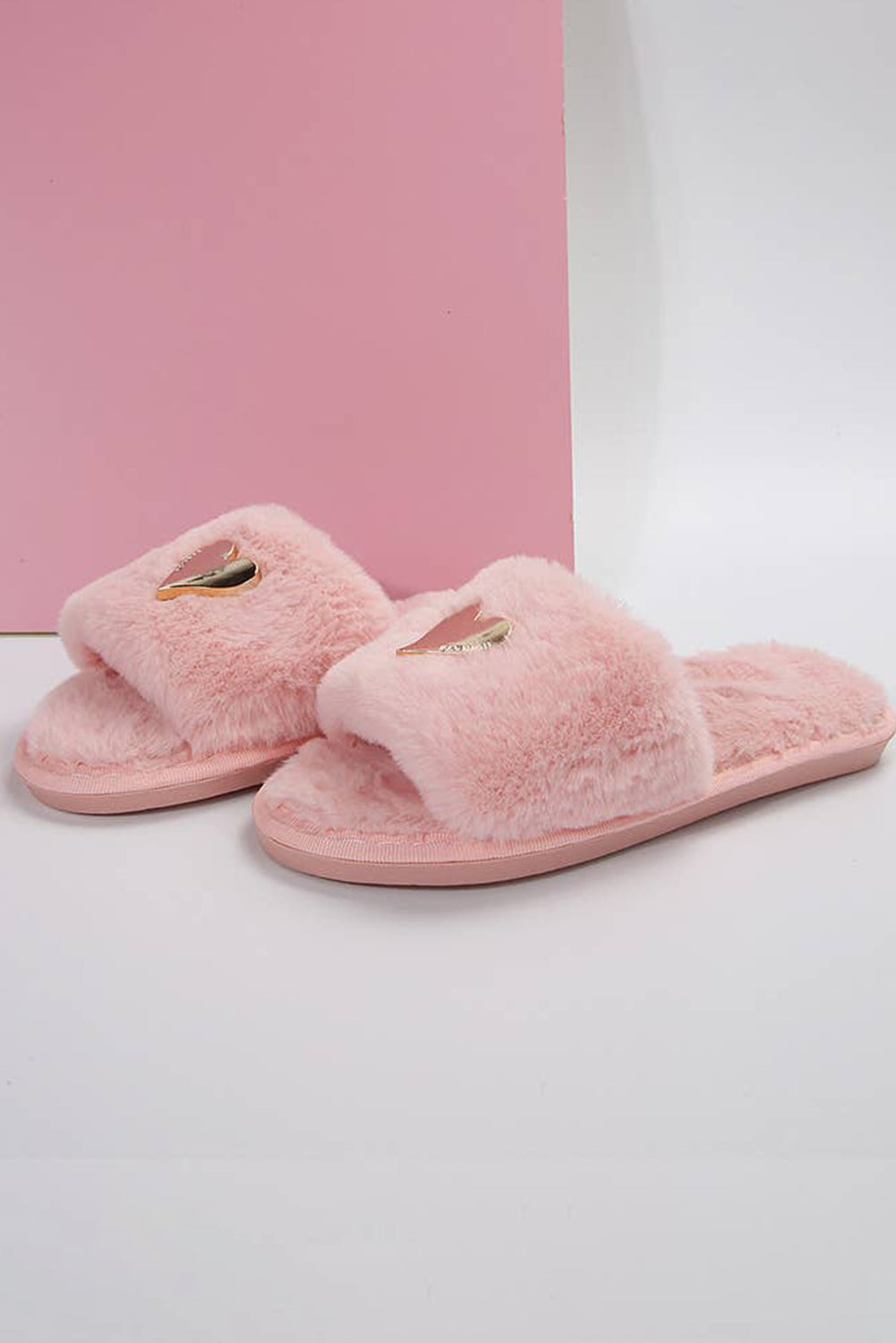 Parchment Heart Shape Buckle Decor Open Toe Plush Slippers by Wild and Free Boutique