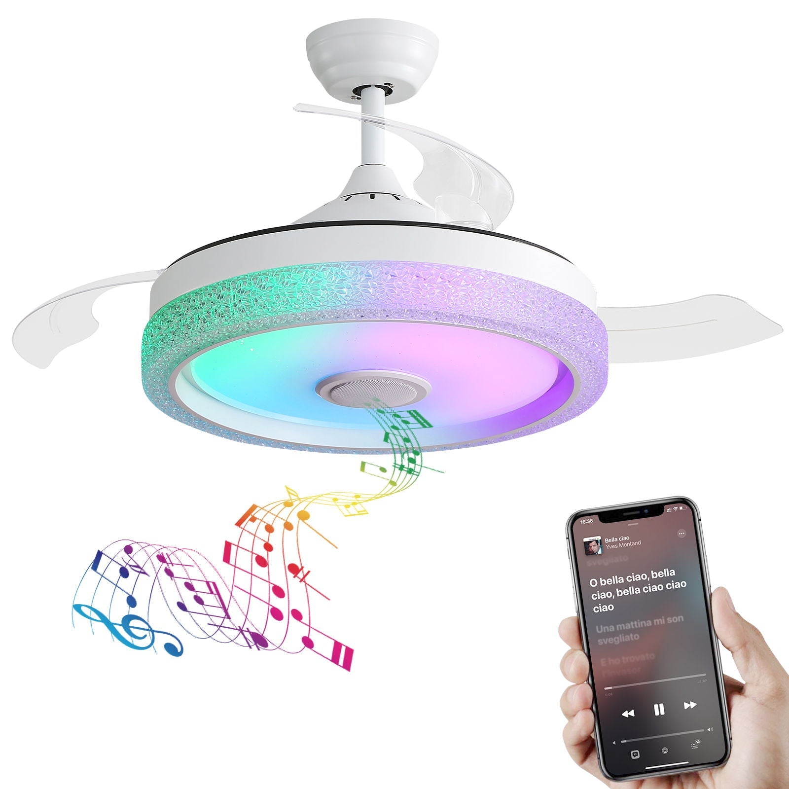 Invisible Ceiling Fan With Remote Control And 36W LED Light, 120V DC Motor, 3 Blades - White by Unique Piece Furniture