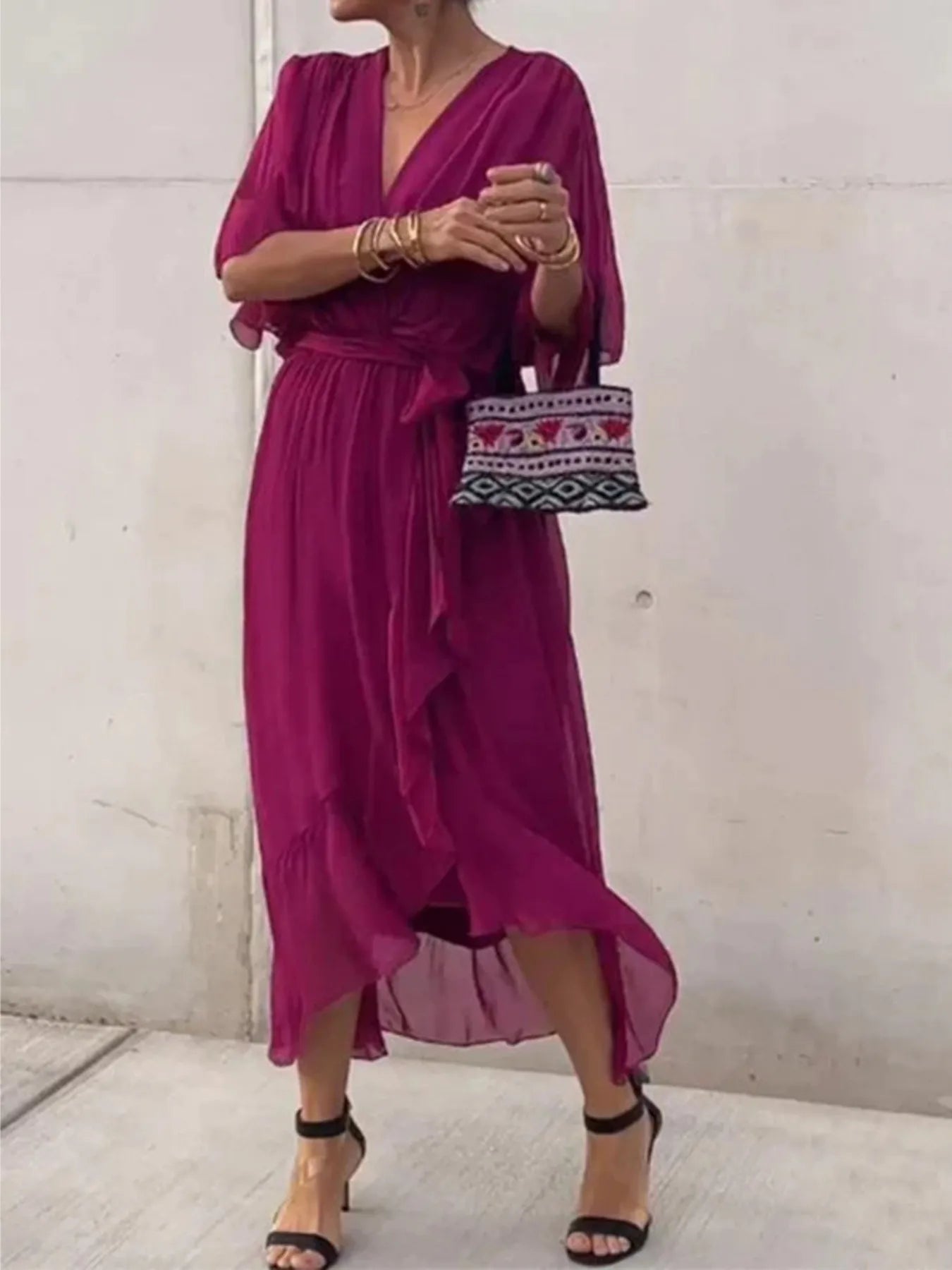 Flowy Tie Front Midi Dress with Flutter Sleeves by Shopiebay