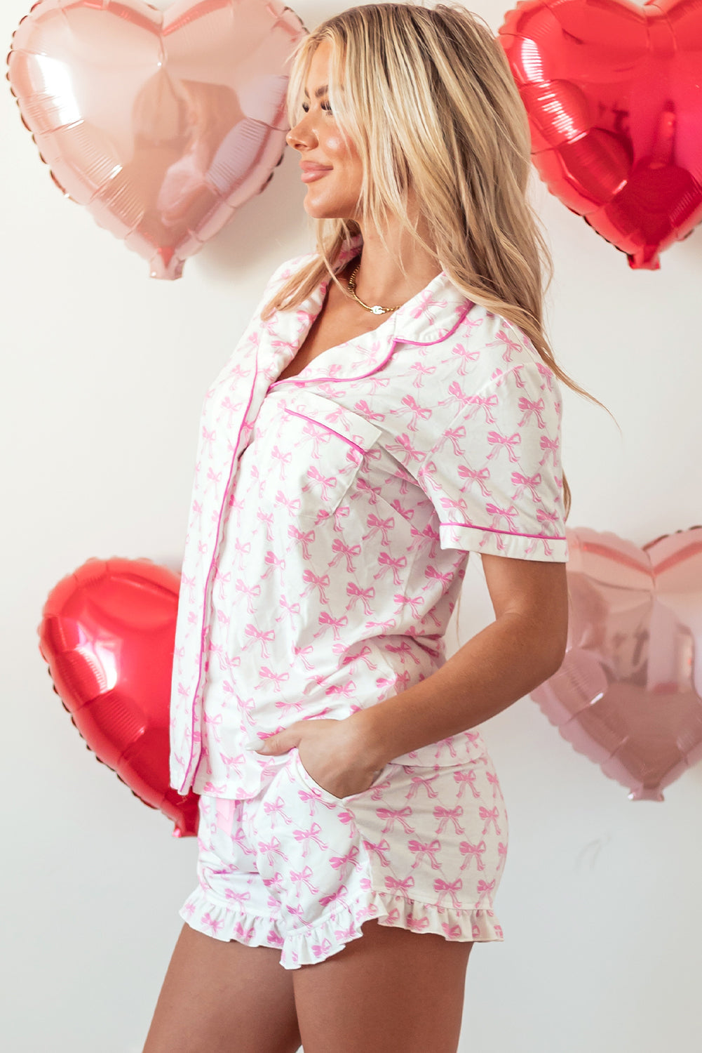 Pink Bowknot Printed Short Sleeve and Ruffled Shorts Pajama Set by Dear-Lover Dropshipping