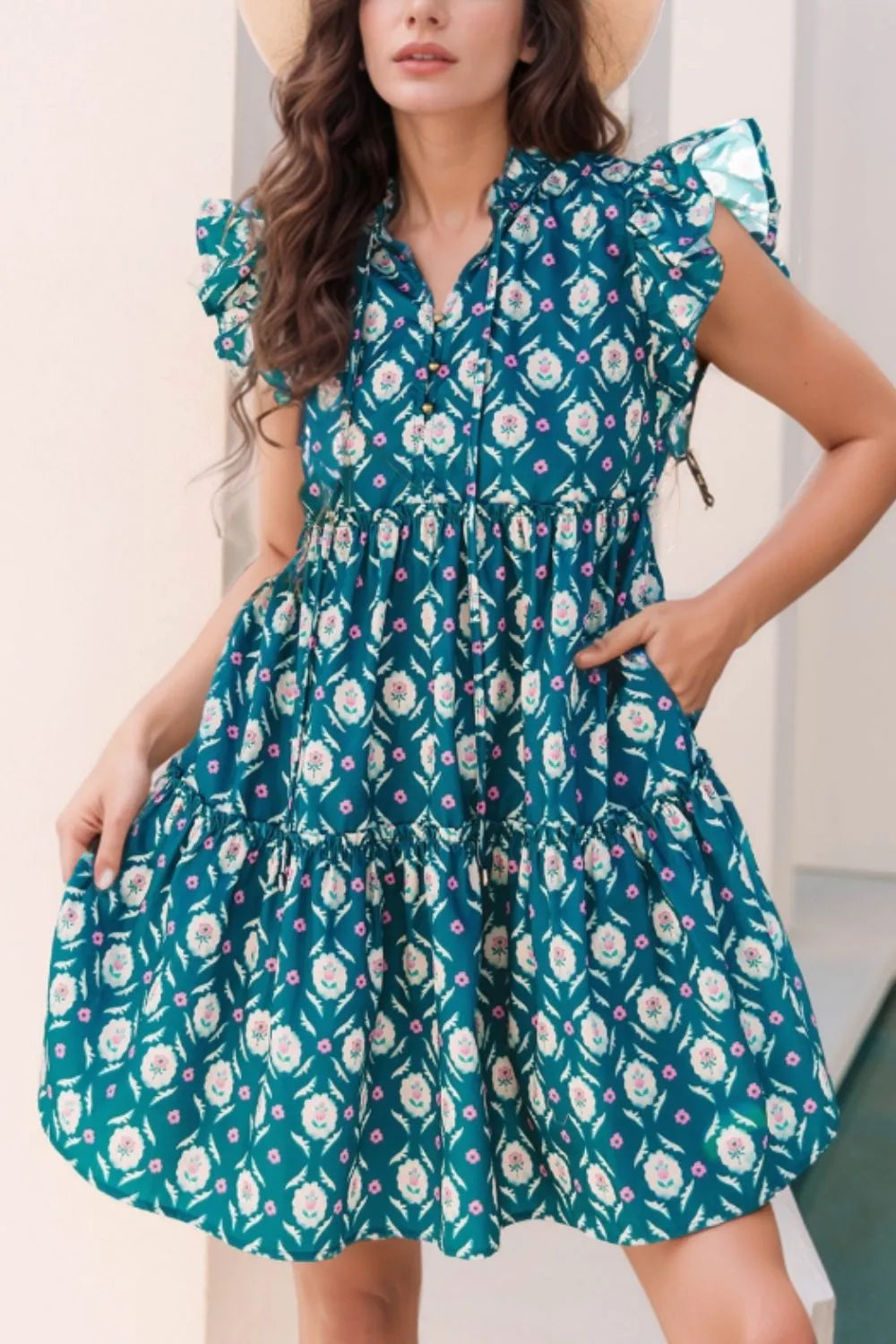 Printed Tie Neck Ruffled Cap Sleeve Dress by Simply Love
