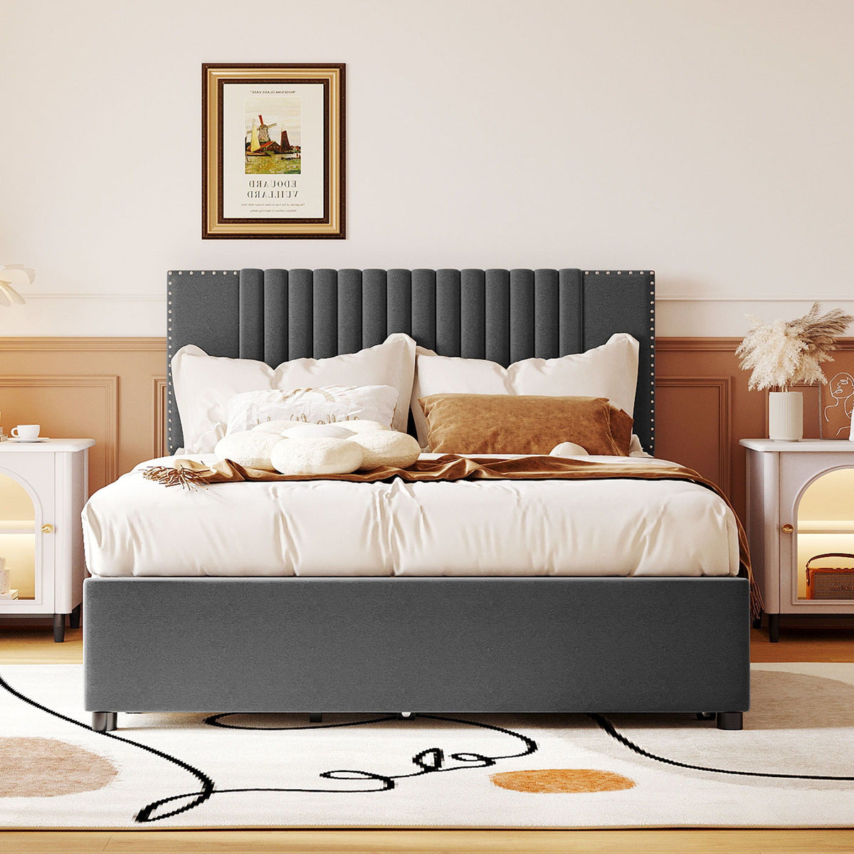 Upholstered Platform Bed With Drawers, Classic Headboard Design by Unique Piece Furniture