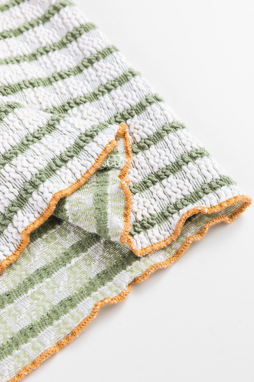 Green Stripe Textured Frilly Trim Buttons Henley Long Sleeve Top by Wild and Free Boutique