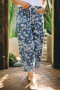 Sky Blue Dainty Floral Printed Drawstring Barrel Jeans by Wild and Free Boutique