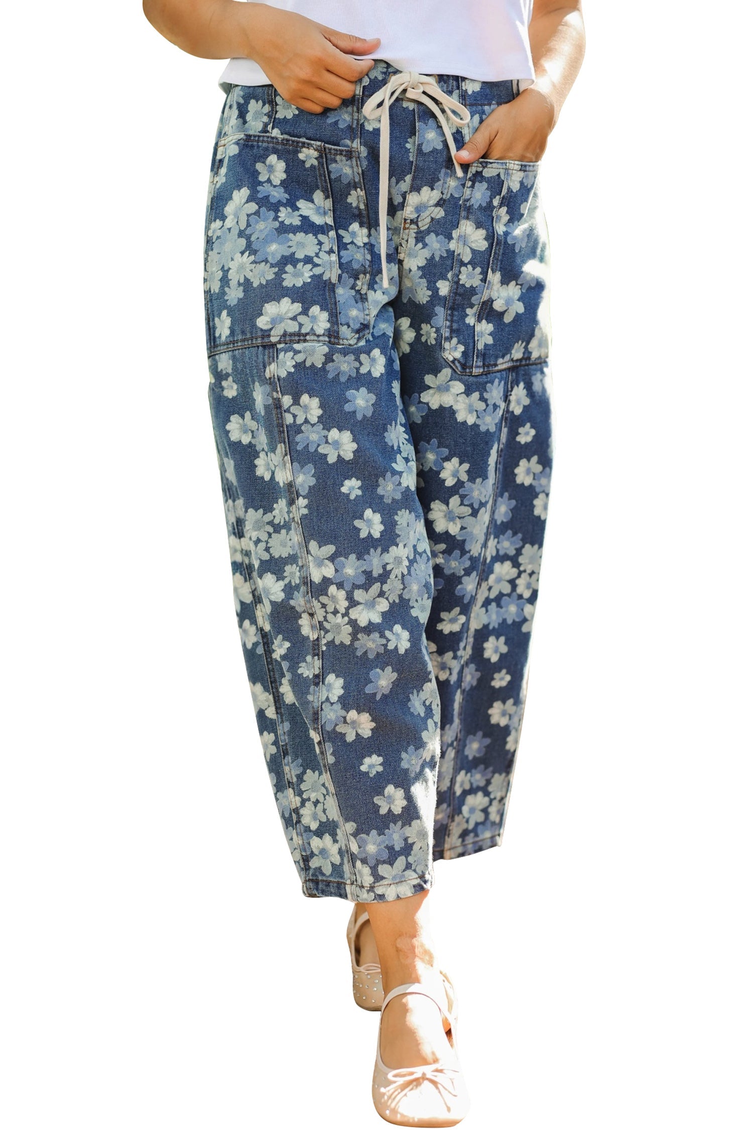 Sky Blue Dainty Floral Printed Drawstring Barrel Jeans by Wild and Free Boutique