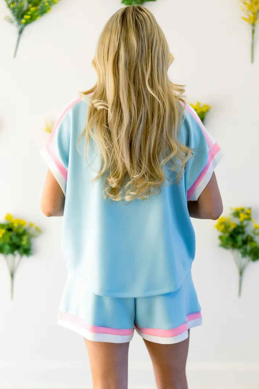 Mist Blue Striped Trim Casual Tee Drawstring Shorts 2pcs Set by Wild and Free Boutique