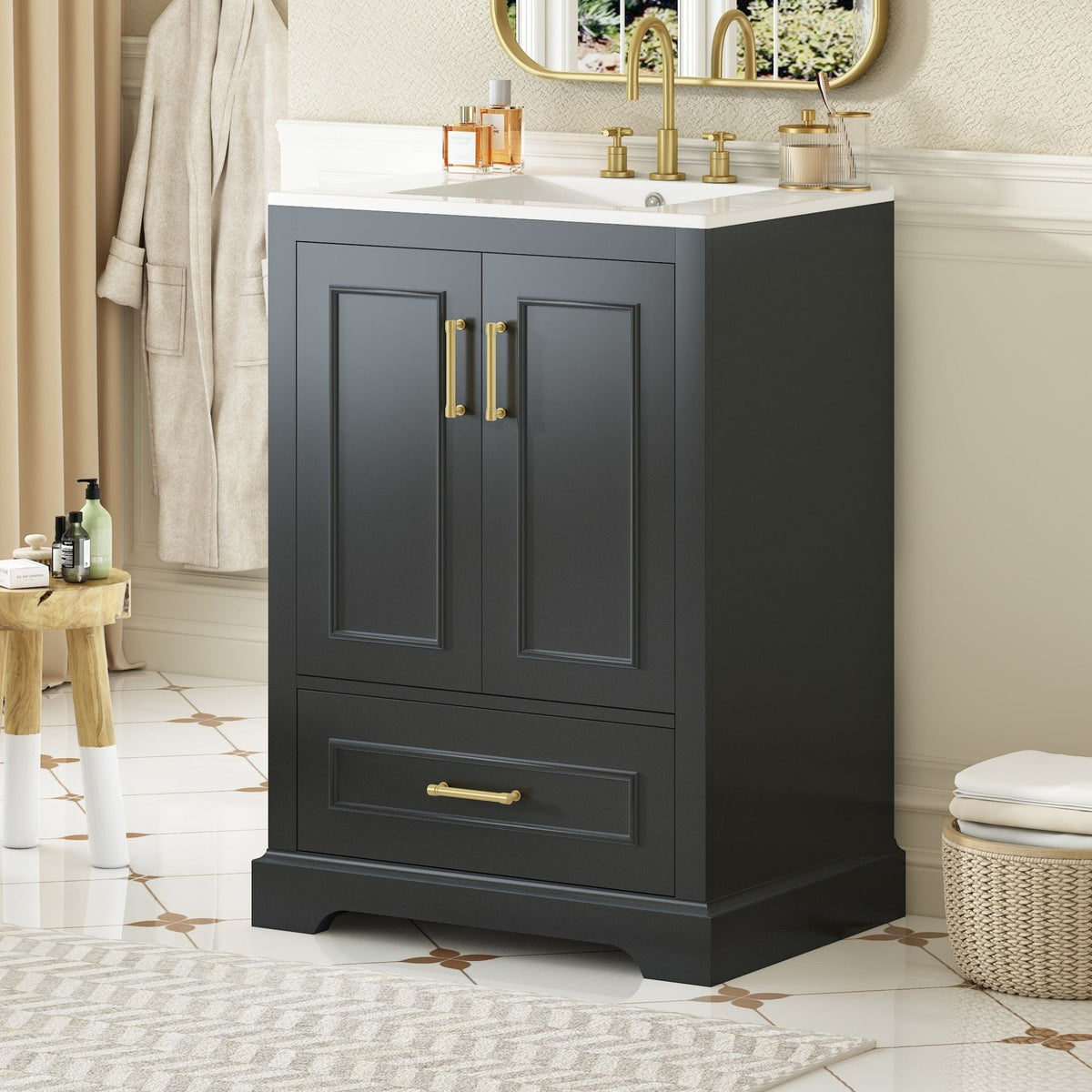 Bathroom Vanity With Sink, 1 Divided Drawer And 2 Soft Close Doors With Double Shelf by Unique Piece Furniture