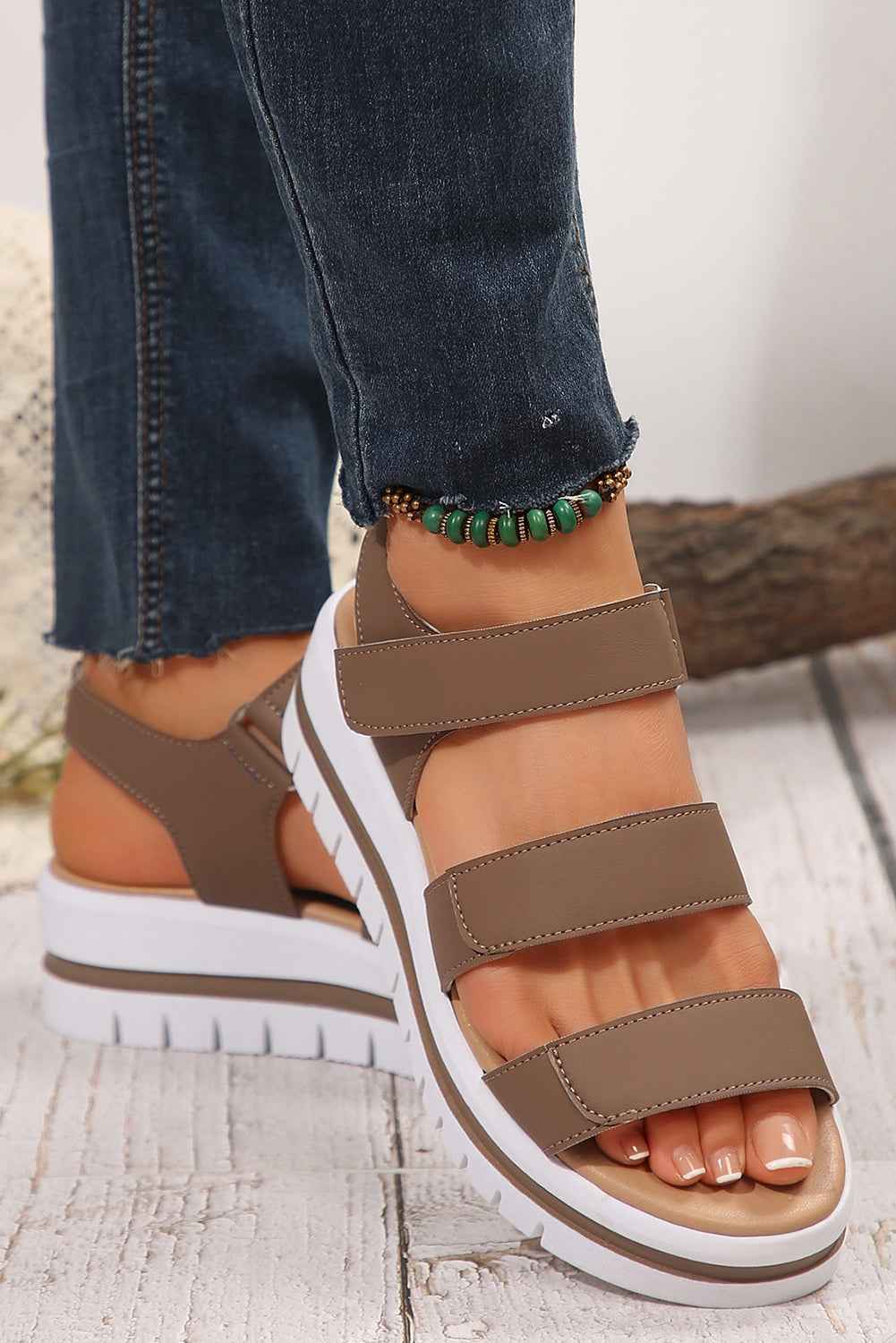Camel Hollow Out Buckle PU Leather Platform Sandals by Wild and Free Boutique