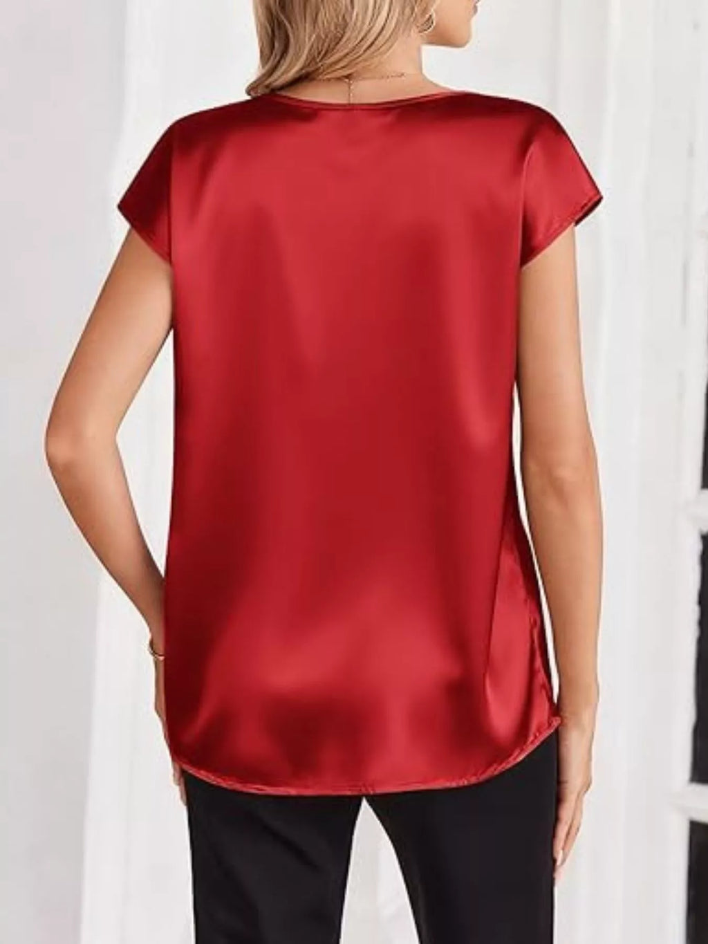 Satin V-Neck Short Sleeve Blouse by Wild and Free Boutique