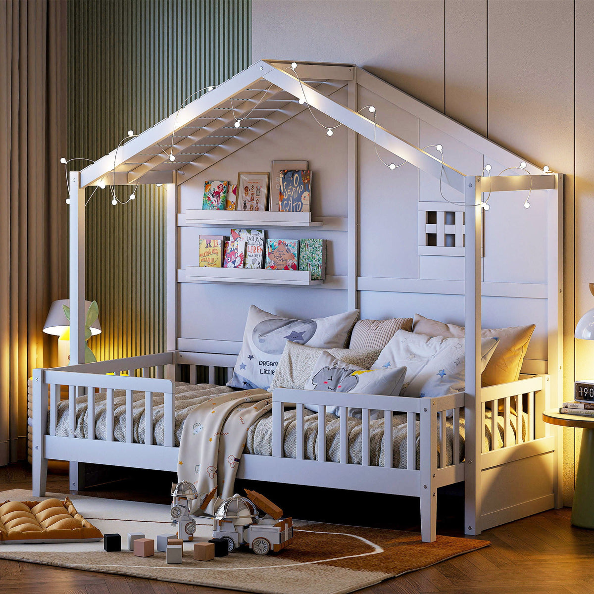 House Bed With Shelves, Window And Sparkling Light Strip On The Roof by Unique Piece Furniture
