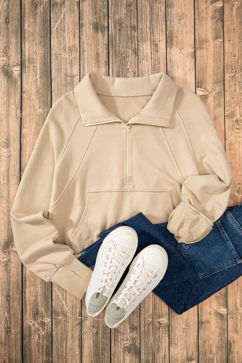 Smoke Green Quarter Zip Stand Neck Kangaroo Pocket Sweatshirt by Wild and Free Boutique