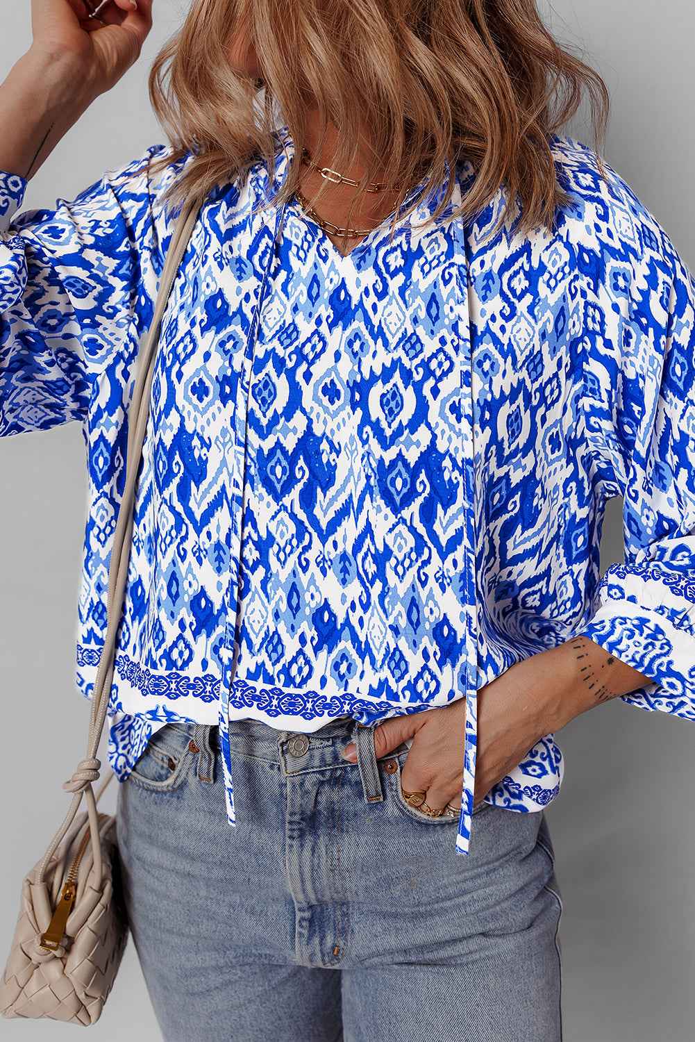Blue Boho Printed 3/4 Sleeve Tied Neck Blouse by Wild and Free Boutique