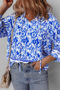 Blue Boho Printed 3/4 Sleeve Tied Neck Blouse by Dear-Lover Dropshipping