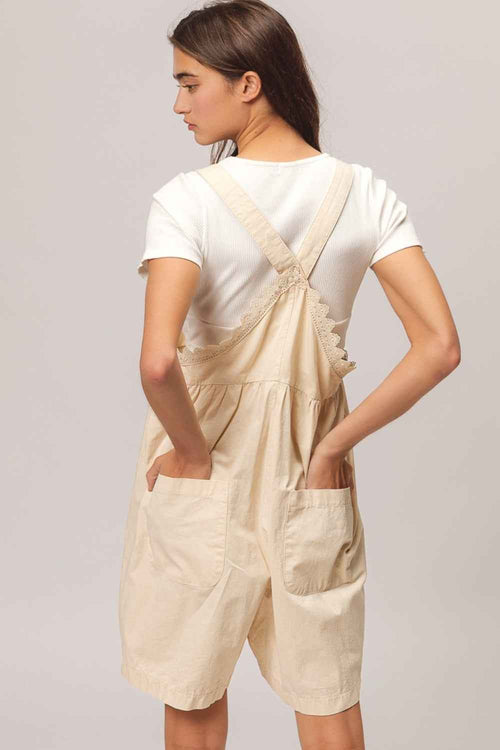 BiBi Back Patch Pocket Lace Trim Rompers by Wild and Free Boutique