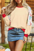 Beige Bowknot Printed Patchwork Raglan Sleeve Colorblock Edge Top by Wild and Free Boutique