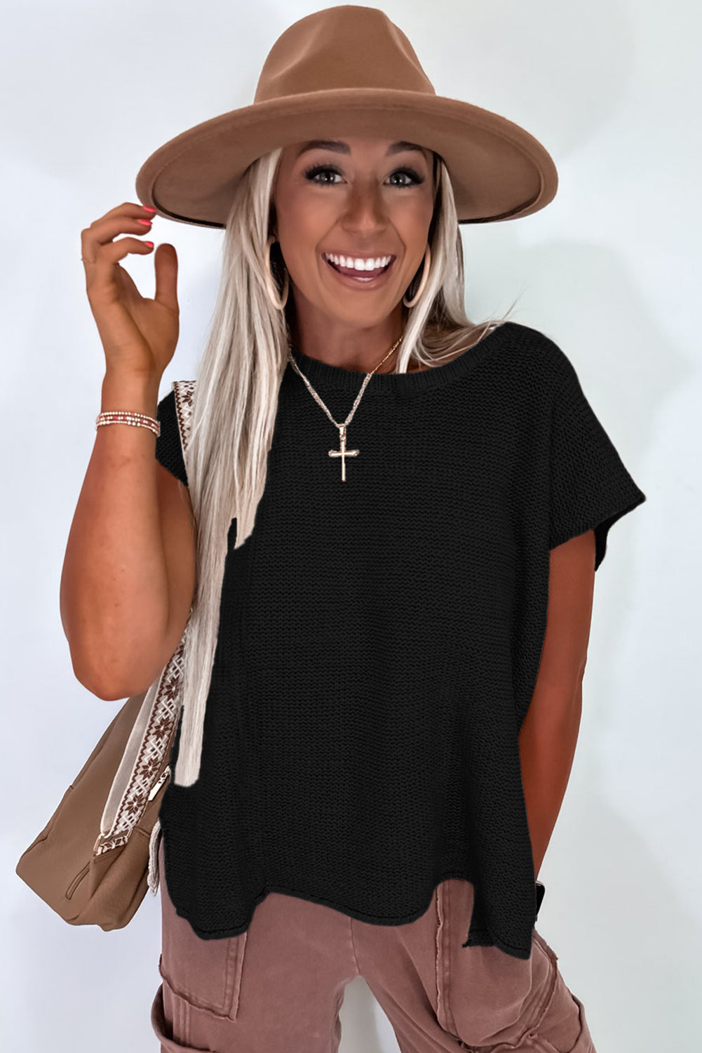 Black Solid Color Sweater Tee with Side Slits by Wild and Free Boutique
