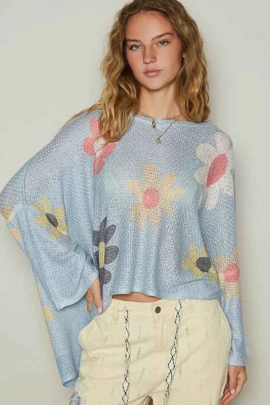POL Flower Dropped Shoulder Long Sleeve Knit Top by Wild and Free Boutique