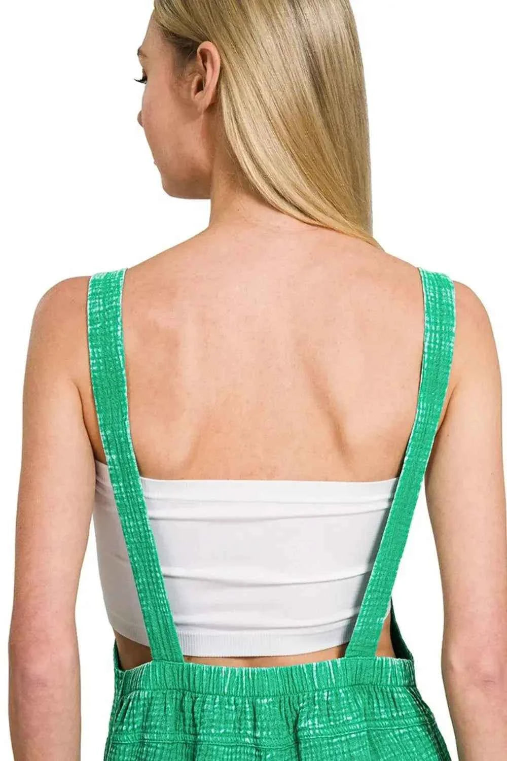 Zenana Woven Green Acid Washed Cotton Gauze Romper with Pockets by Be Bliss Boutique