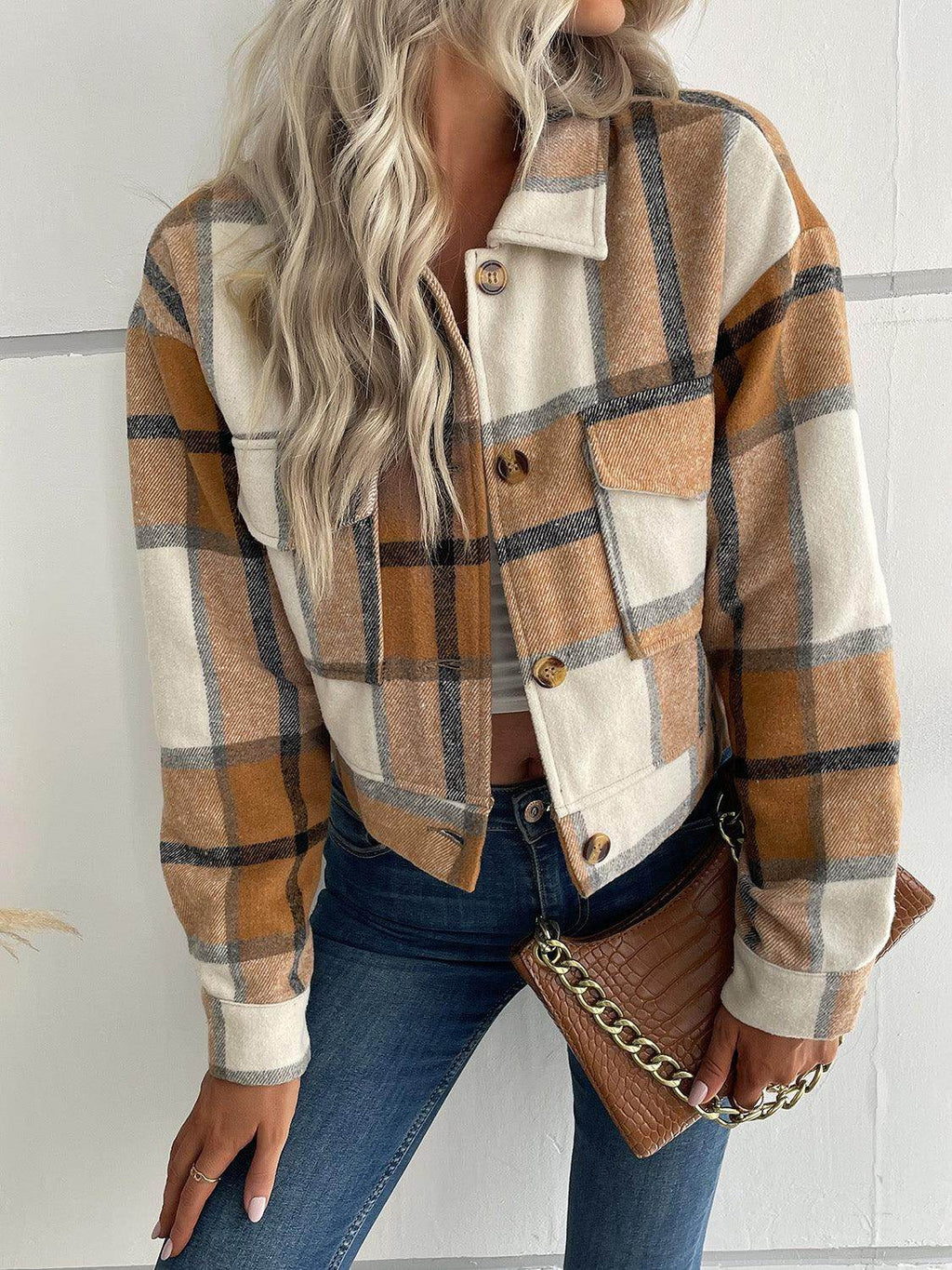 Perfee Plaid Button Up Drop Shoulder Cropped Jacket for Women by Selvanelle