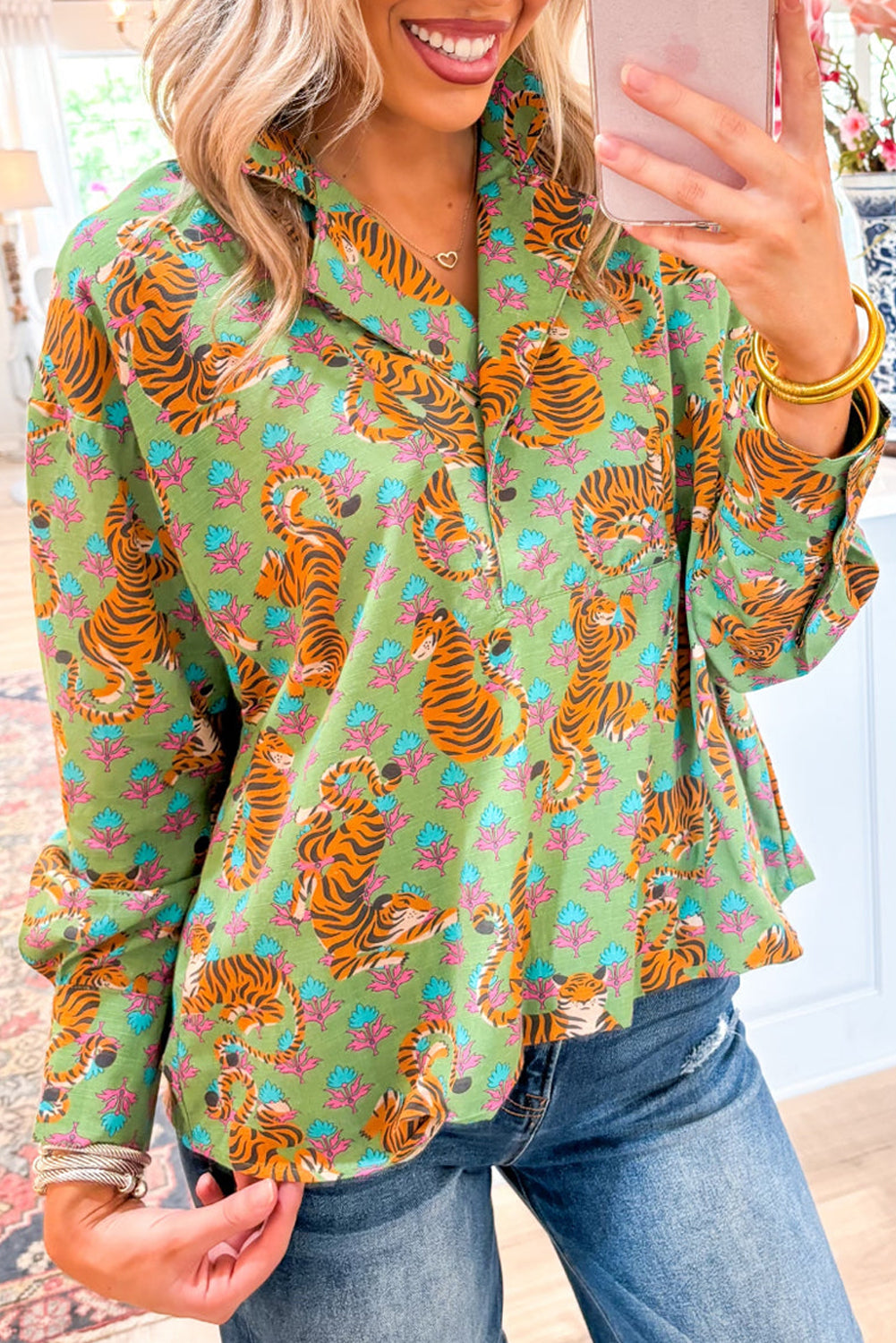 Green Tiger Floral Printed Collared V Neck Casual Shirt by Dear-Lover Dropshipping